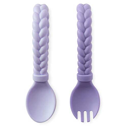 Image of Itzy Ritzy Silicone Spoon & Fork Set – Baby Utensils Featuring a Baby Fork and Spoon with Looped, Braided Handles – Made of 100% Food Grade Silicone & BPA-Free – Ages 6 Months and Up (Amethyst/Purple)
