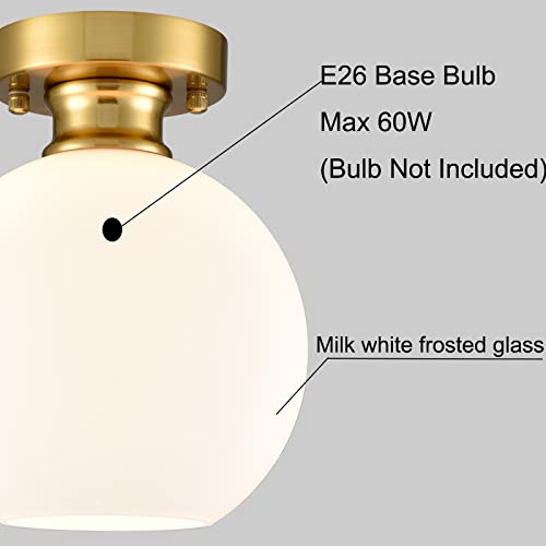 Image of Gold Semi Flush Mount Ceiling Light with Milk Opal Glass Shade | Opaque Ceiling Light Fixture with Hand-Blown Glass, Impurity-Free, Quick Installation for Living Room Bedroom Hallway