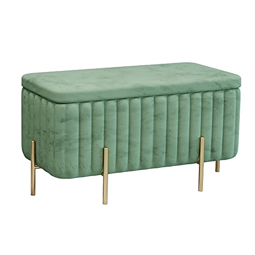 Lujoso banco de almacenamiento de terciopelo, asiento de cama suave con patas de metal, reposapiés tapizado contemporáneo, verde claro, 90 x 45 x 42 cm, ideal para almacenamiento de dormitorio