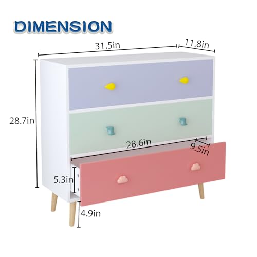 Image of 3-Drawer Chest of Drawers with Colorful Cartoon Handles, Anti-Dumping White Dresser with Solid Wood Legs,Storage Cabinet for Living Room, Closet, Apartment