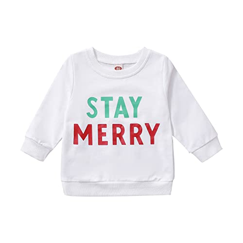 5t Sweatsuit Children's Christmas Printed Letters Tops Long Sleeve Fleece Pullover Solid Color Versatile Christmas Top 18 Month Boy Hoodie (White, 12-18 Months)