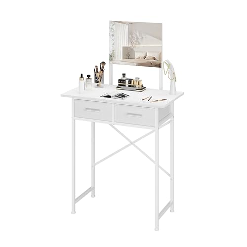 Jakyitvi Small Vanity Desk with Mirror and Drawers, White Makeup Vanity Table with Storage, Compact...