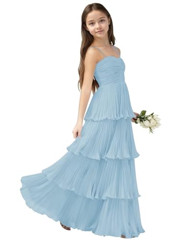 Heineyo A-Line Chiffon Junior Bridesmaid Dress Wedding Long Ruffle Pleated Ball Gown Christmas Elegant Sky Blue Sleeveless Flower Girl Dresses 16
