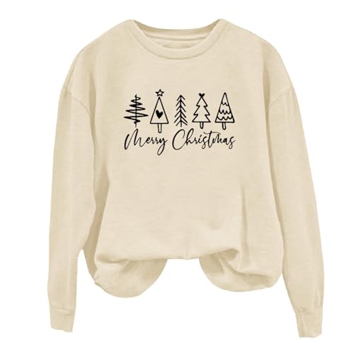 Sweat-shirt de Noël femme col rond et manches longues pull beige décontracté en S