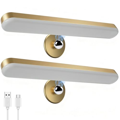 Image of Benreom 2 Pack Wireless Vanity Lights for Mirror, Rechargeable Battery Operated Makeup Light, Adjustable Light Bar, Magnetic Stick on LED Lighting Bathroom Decor Accessories, Gold