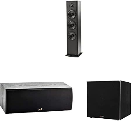 Polk Audio T50 150 Watt Home Theater Floor Standing Tower Speaker (Single) & T30 100 Watt Home Theater Center Channel Speaker, Black & PSW10 10" Powered Subwoofer, Black