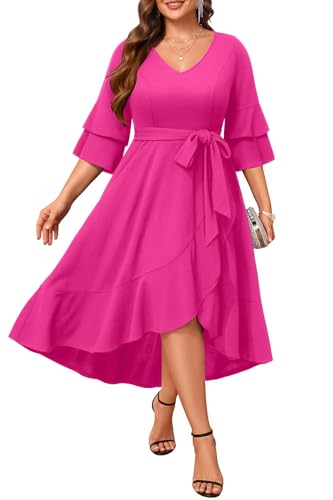 Image of Plus Size Wedding Guest Dress - Double Bell Sleeve High Low Split Dresses | Semi formal cocktail dress, V-neck double bell sleeves with belted high-low split ruffle hem.