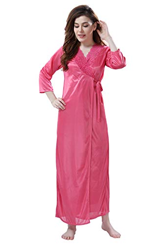 Image of Romaisa Women's Solid Maxi Satin Nighty with Robe and Lingerie Set, Free Size Nightwaer (Pack of 4) GRP-FP335-339