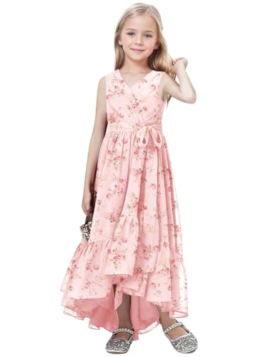 High Low Pink Floral Junior Bridesmaid Dresses Ruffle Flower Girl Dresses with Pleated Girls Formal Dresses Size 5