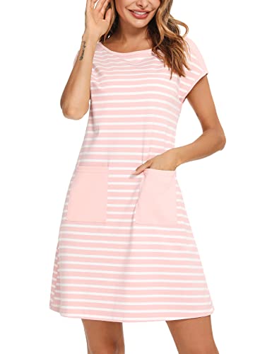 Uniexcosm Camison de Mujer, Camisones Rayas Mujer Camisón Corto Algodón Mujer Ropa de Dormir Camisón de Cuello Redondo Camisón para Mujer con Bolsillo Vestido para Hogar A:Rosado XXL Cover