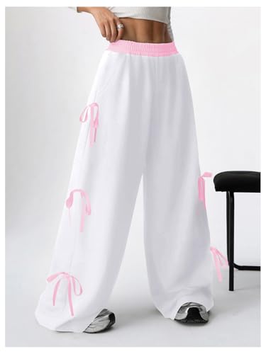 Verdusa Calça de moletom feminina com laço e perna larga, leve, fofa, com bolsos, Branco, 10 Anos