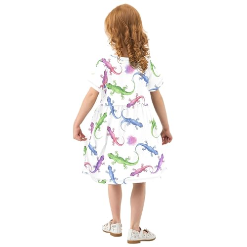 Emelivor Lizards Watercolor Girls Summer Dress Toddler Casual Dresses Girl Short Sleeve Dress for Kids,2T3