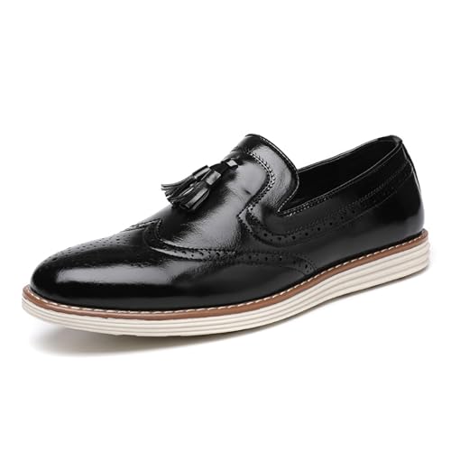 Men's Tassel Brogue Leather Dress Loafers,Fashion Hand Stitching Wingtip Slip On Breathable Comfortable Party Business Formal Shoes