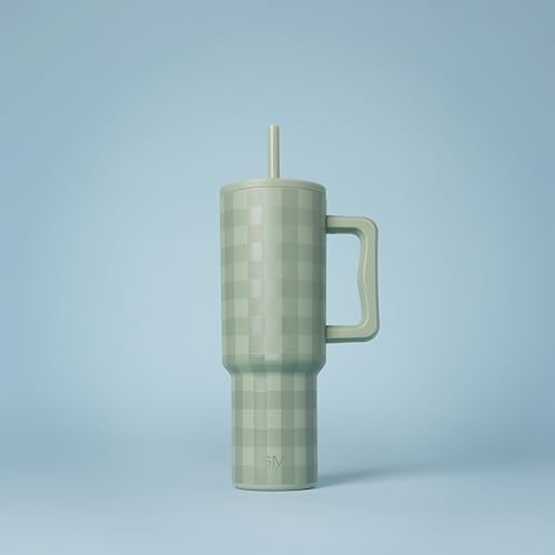 Image of Simple Modern 40 oz Trek Tumbler with Handle and Straw Lid | Cup Holder Friendly Insulated Stainless Steel Travel Mug | Eucalyptus Gingham