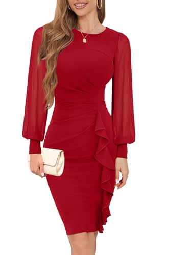 Image of IHOT 2026 Women's Long Sheer Sleeve Ruched Sheath Bodycon Cocktail Party Work Dress