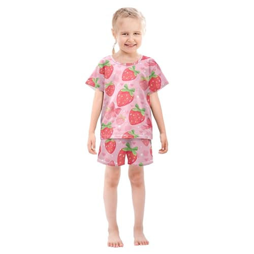 ALAZA Strawberry Love Heart Fruit Bow Pajamas Short Sleeve 2 Piece Sleepwear Top and Bottom Pajama Set Unisex3