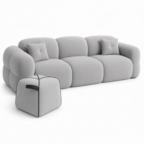 Image of FURNY Luxury Nimbus 3 Seater + Suri Pouf Sofa Set for Living Room | Boston Fabric Upholstered | Modern Cushioned Comfortable Couch for Home Office & Drawing Room | Light Grey