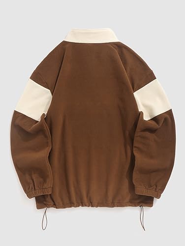 ZAFUL Men's Polar Fleece Sweatshirt BROOKLYN WEST COAST Embroidered Quarter Zip Kangaroo Pocket Color Block Stand Collar Pullover (1-Deep Coffee, S)2