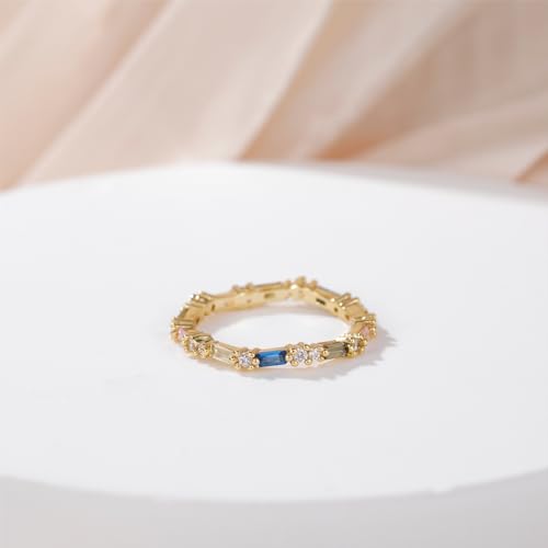 Rainbow Eternity Ring for Women Dainty Colorful Baguette Cut Cubic Zirconia CZ Stackable Wedding Band Promise Engagement Rings for Her Size 5-102