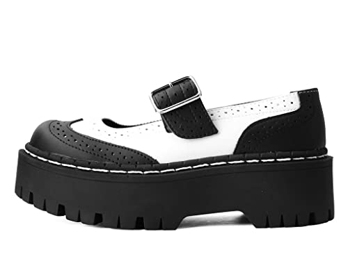 T.U.K. Shoes Black/White TUKskin™ Double Decker Mary Jane Shoes for Women, Round Toe Ankle Strap Platform Chunky Heel Gothic Vintage Oxford Dress4