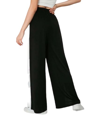 Image of Women's Wide Leg Track Pants with Side Stripe, Black and White, Elastic Waist