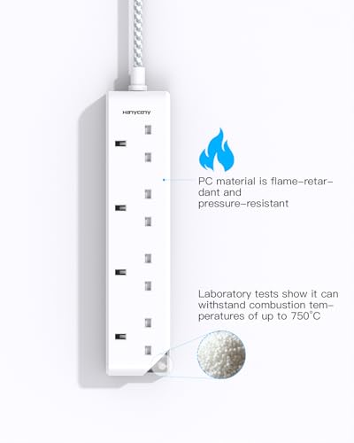 4 Gang Extension Lead 2M, HANYCONY Multi Plug Extension Socket with Braided Cable, 13A 3250W UK Power Strip, Durable Electric Extension Cord for Office, Bedroom, Kitchen Accessories, White - Image 5