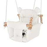Baby Swing Indoor Outdoor,Secure Canvas Wooden Toddler Swing Seat, 3-Point Adjustable Safety Harness,Mounting Hardware Included,Gift for Boys and Girls,Beige