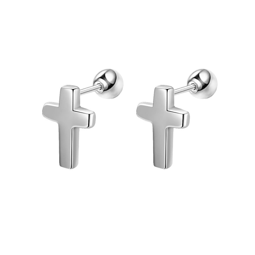 18G Mini Cross Faith Cartilage Stud Earrings for Women 925 Sterling Silver Cute Tiny Small Tragus Helix Studs Screw Back Ball Hypoallergenic Sleeper
