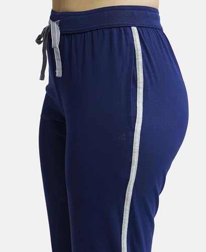 Image of Jockey 1305 Women's Super Combed Cotton Rich Relaxed Fit Mid Rise Trackpants with Contrast Side Piping and Pockets