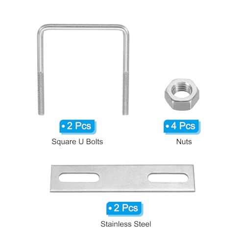Image of PATIKIL M6x65x80mm Square U-Bolts Kit, 2Set 304 Stainless Steel Square U Shaped Bolts Replacement Parts with Frame Plates and Nuts for Ski Board Sailboat Trailer