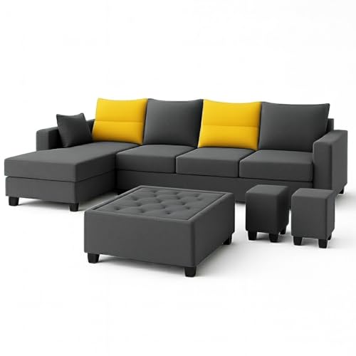 Image of CASASTYLE Texon 8 Seater Fabric LHS L Shape Sofa Set with 1 Centre Table & 2 Puffy (Yellow-Dark Grey) Velvet Finish | Comfortable Sectional Sofa for Living Room