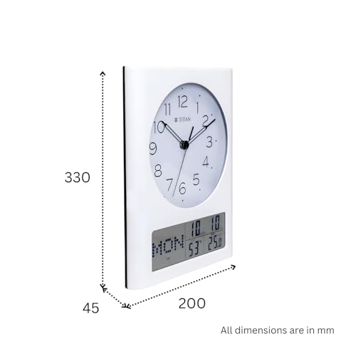 Image of Titan Analog and Digital Display Wall Clock | Day, Date & Month | Temperature & Humidity Display | White Case White Dial | 330x260mm | W0116PC02