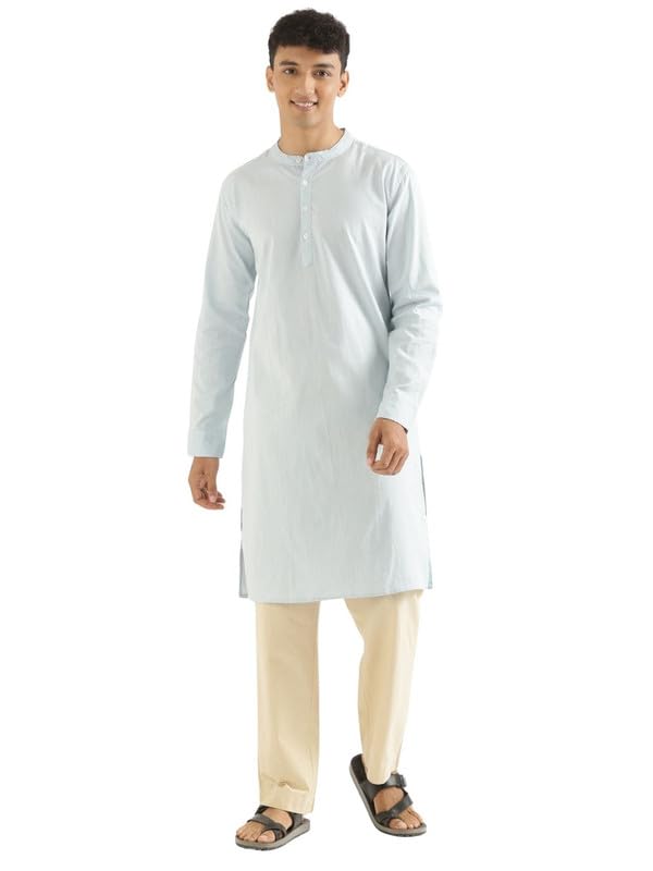 Image of SAADAA Men's Long Kurta - Linen Cotton Blend, Airy Fabric, Regular Fit, Mandarin Collar, Solid Color - Casual, Festive & Ethnic Wear