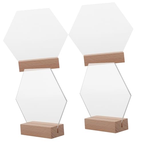OUNONA 4 pcs Clear Hexagon Acrylic Table Signs Blank Wedding Decor with Wood Stand for Parties Cafes and Events DIY Table Display