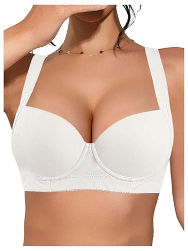 OYOANGLE Women's Seamless Underwire Balconette Bras Push Up Bralette Plunging Lingerie Top White 34B