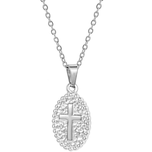 Jude Jewelers Stainless Steel Oval Shaped Christian Cross Hammered Finishing Pendant Necklace