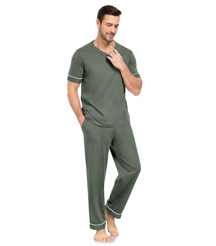 COLORFULLEAF Mens 100% Cotton Pajamas Set Short Sleeve V-Neck Sleepwear Soft Loungewear Pjs with Pockets2
