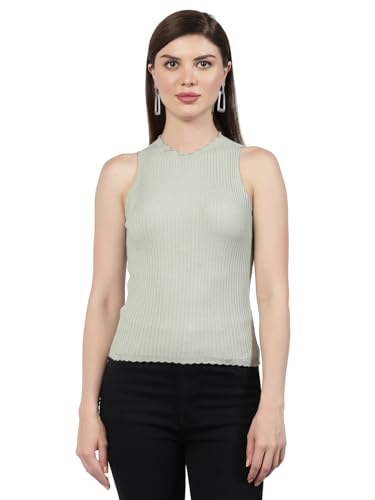 Image of Kalt Womens Knitted, Ribbed Cotton Fitted Sleeveless Round Neck Cami Tank Top