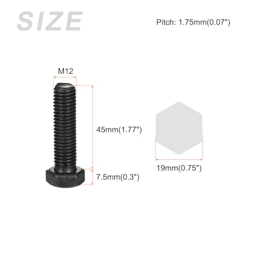 Image of METALLIXITY Hex Bolts (M12-1.75x45mm) 6Pcs, 12.9 Grade Carbon Steel Fully Threaded Black Oxide, Coarse Thread UNC Hex Head Screw Bolt - for Mechanical Repair