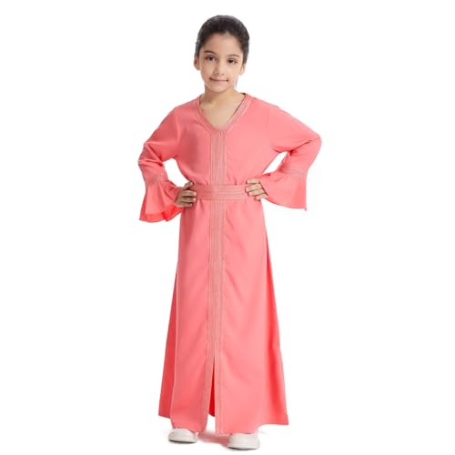 Girls Abaya Dubai Braided Trimming Prayer Dress Kids Muslim Long Bell Sleeve Arabian Robe Ramadan Islamic Clothes
