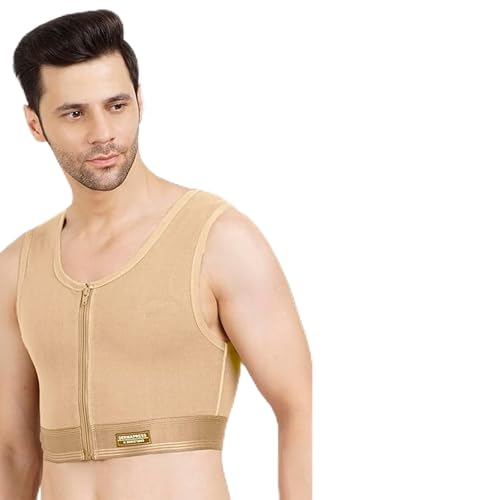 Dermapress Men’s Gynecomastia Short Vest || MODERATE COMPRESSION || Front Zip and Hook Closure || Tomboy Chest Binder || Comfortable Support for Men || Breathable Post-Surgery Chest Shapewear