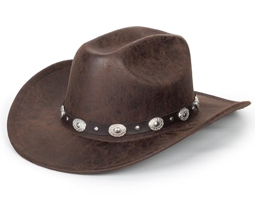 Classic-PU Leather-Western-Cowboy Hat for Women-Men-Wide Brim-Brown-Cowgirl Hat-Fedora Hats-Outback for Outdoor M/L