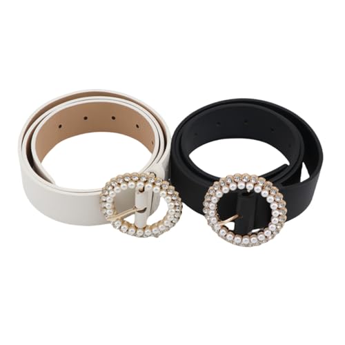 Kopida Women PU Leather Waist Belt Rhinestone Pearl Round Buckle Belt Adjustable Waist Belt Casual Jeans Belt Dress Pants Belt
