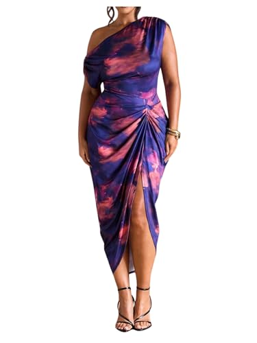 Image of Floerns Women's Plus Size Asymmetrical Neck Long Dress Ruched Slit Hem Cocktail Dress