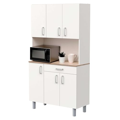 Miroytengo Mueble Auxiliar de Cocina, Buffet 6 Puertas Blanco y Roble Kronberg 101x185 cm