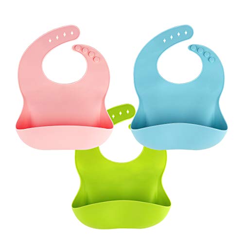 Image of 3 Pack Silicone Baby Bib for Babies & Toddlers (6-72 Months), Waterproof, BPA Free, Green Pink and Blue, Easy Wipe Clean