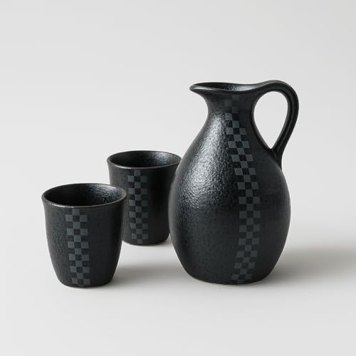 JapanBargain 4680, Porcelain Sake Set Authentic Japanese Saki Set Sake decanter and Saki Cups Set, Made in Japan (Black Jar)