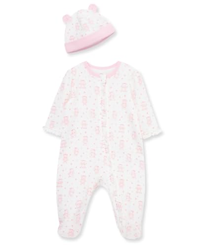 Image of Little Me Clothes for Baby Girls 100% Cotton Scratch-Free Tag Footed One-Piece Romper and Hat Sleeper Set Preemie to 9 Months