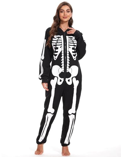 Boveco Halloween Skelett Kostüm für Damen, Erwachsene, gemütlicher Kapuzenpullover, Skelett-Einteiler, Overall, Outfit, Frontdruck, Party M
