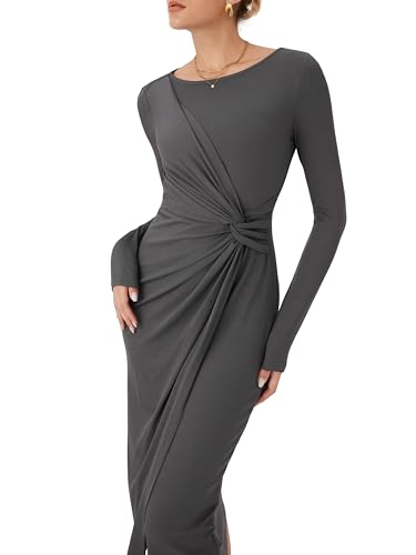 CIDER Women's Long Sleeve Dress Boat Neck Twist Waist Bodycon Midi Dress Elegant Cocktail Party Trendy Fall Dresses4